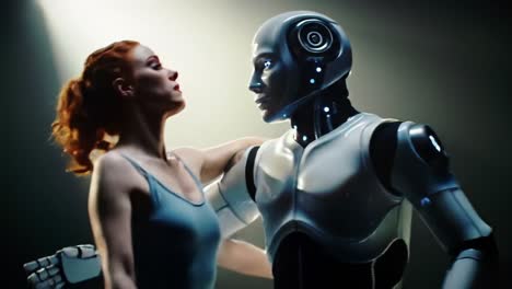 a captivating dance between human and robot: exploring the graceful connection and emotional expression of two distinct beings on a stage of light