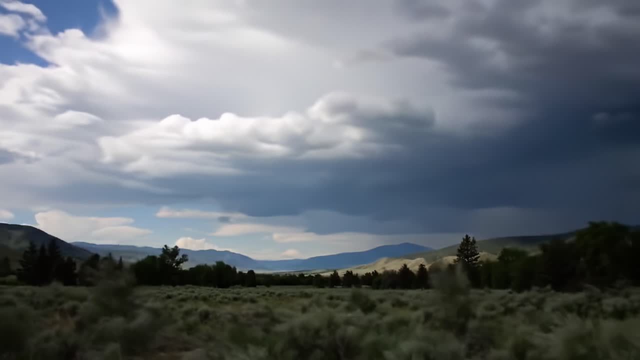 Dramatic Change in Skies: Transition from Soft Clouds to Dark Thunderheads Over a Verdant Landscape Showcasing the Power of Nature's Weather Systems