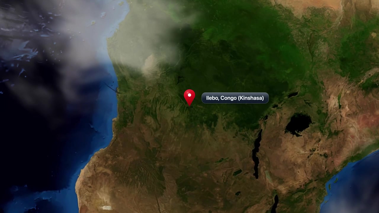 Satellite camera zooms from deep space into Ilebo, Democratic Republic of the Congo, marking location. Includes NASA public domain imagery.