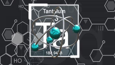 animation of micro of atom models and tantalum symbol over black background