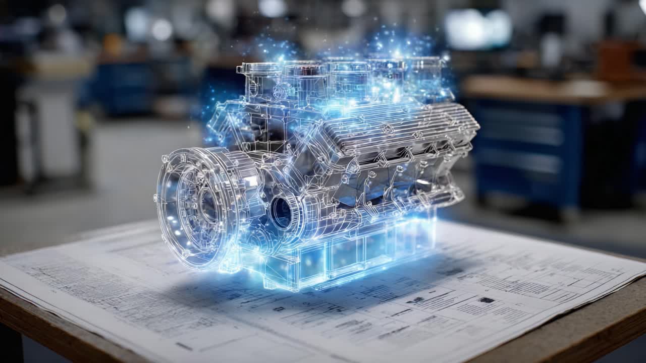 A Futuristic Engine Model Showcasing Advanced Technologies, Transcending Traditional Designs with a Glowing Holographic Display on Technical Blueprints in a Workshop Setting