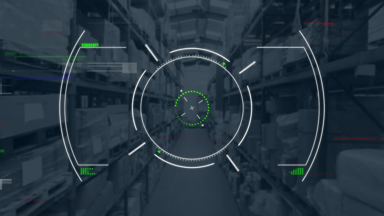 Digital targeting interface overlaying warehouse shelves in animation scene