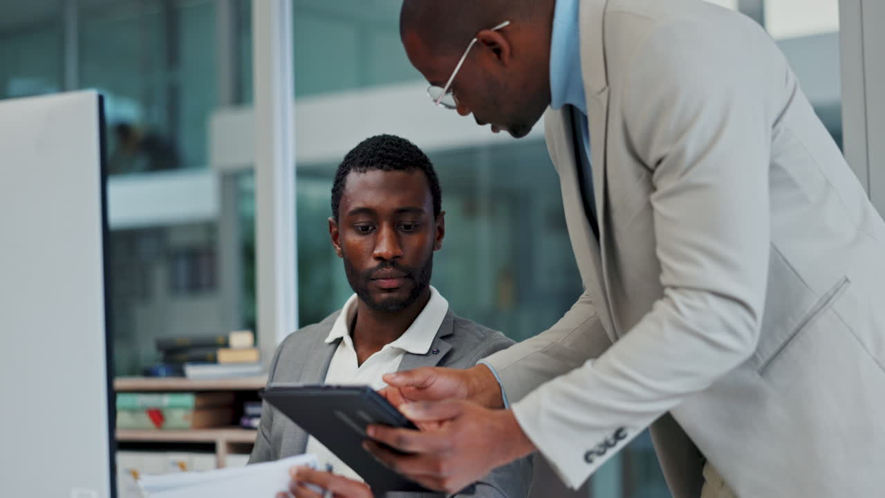 Teamwork, consulting and tablet with business