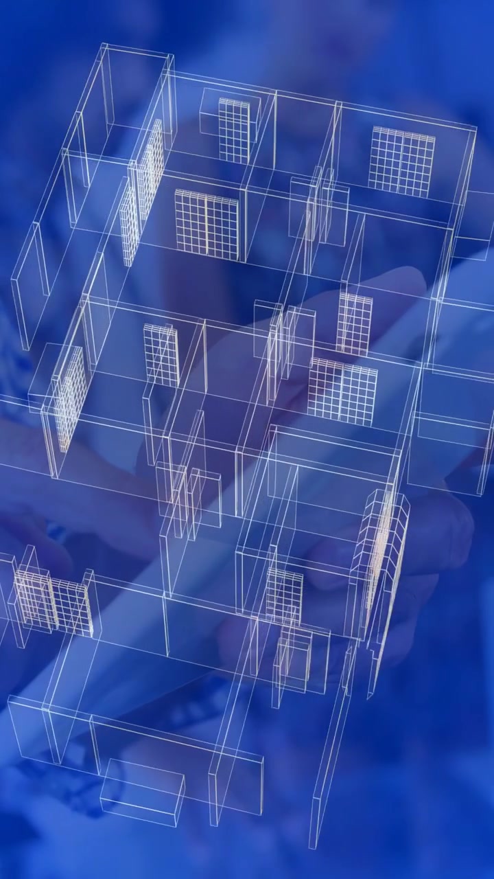 Video verticale: Mani che toccano un dispositivo, wireframe traslucido che ruota sopra le mani per la revisione del design
