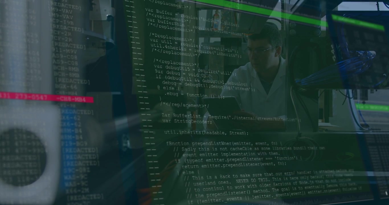 Reading technician in light coat checking tablet at plant conveyor with code overlay, copy space