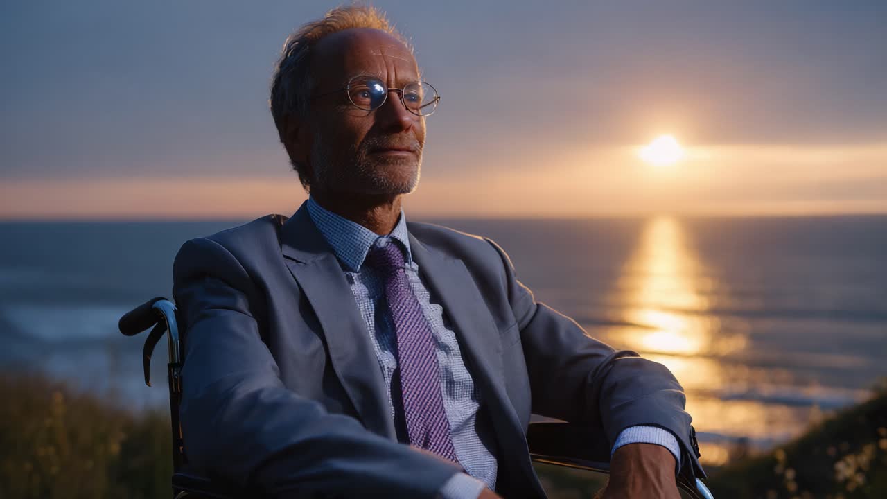 A Thoughtful Man in a Wheelchair Enjoys the Serene Sunset by the Ocean, Reflecting on Life and Nature's Beauty with a Peaceful Expression