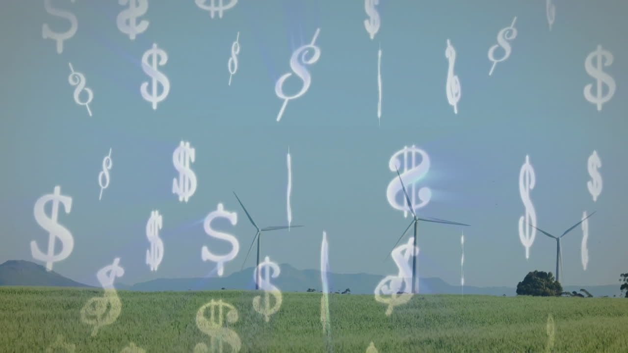 초록색 에 있는 풍력 터빈 위의 달러 표지 애니메이션
