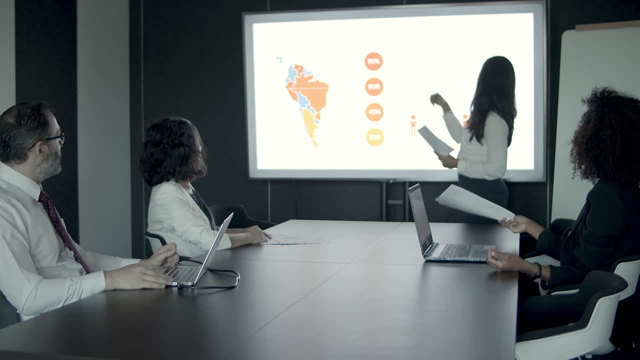 데이터를 설명하고 차트를 가리키는 여성 회사원