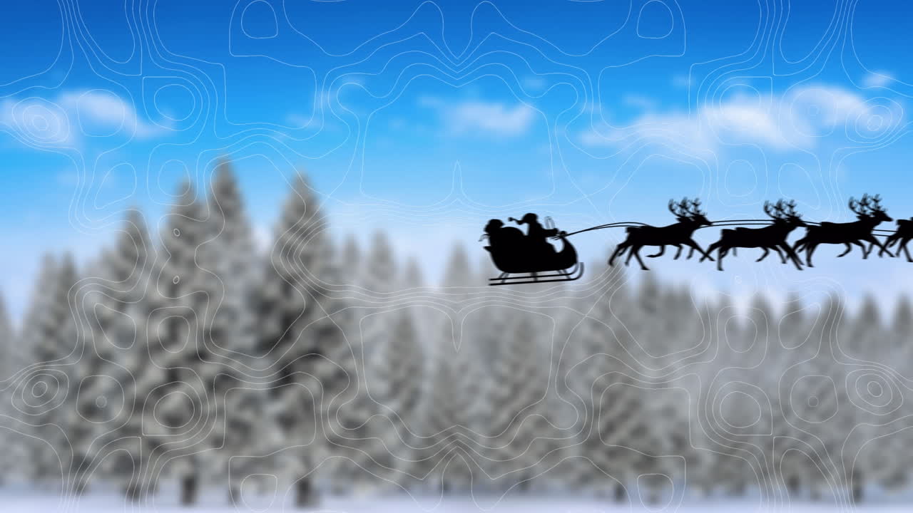 animación de la nieve cayendo sobre el trineo de santa sobre el paisaje de invierno borroso