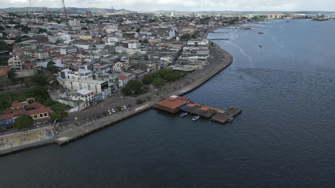 Aerial Drone Fly Above Santar&eacute;m City Brazil, Tapaj&oacute;s and Amazon River Waterfront, Cityscape in Par&aacute; State, Daylight Skyline