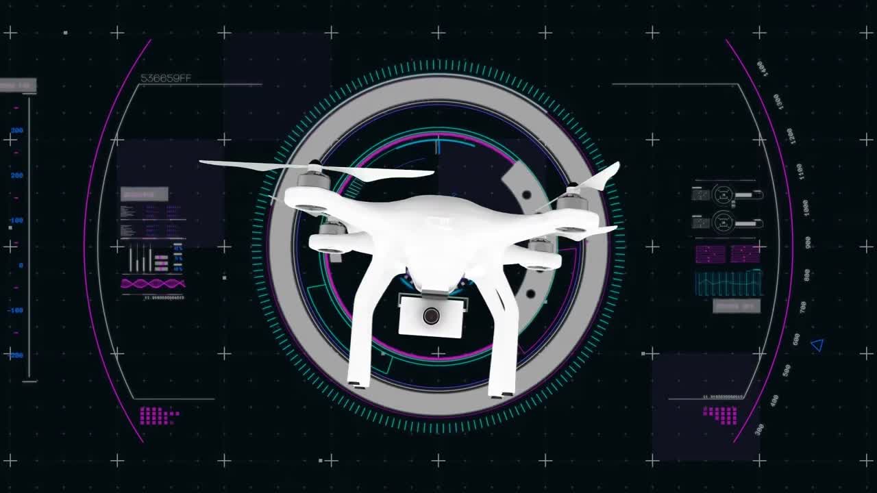 Animation of drone over scope scanning and data processing on purple background