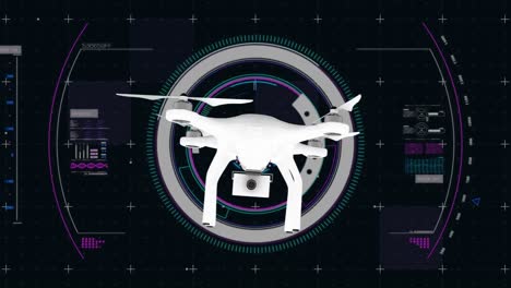 animation of drone over scope scanning and data processing on purple background