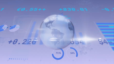 animación del procesamiento de datos financieros de la bolsa de valores sobre el globo azul