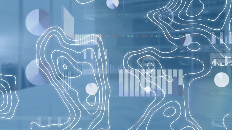 Animation of diverse data processing and isohypses over blue background