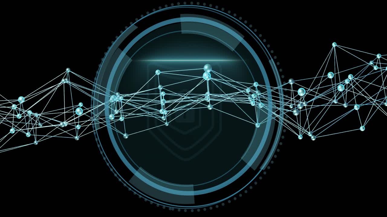 Dark screen initiating nodes pulsing around shield scanning HUD sweeping waveform for cybersecurity