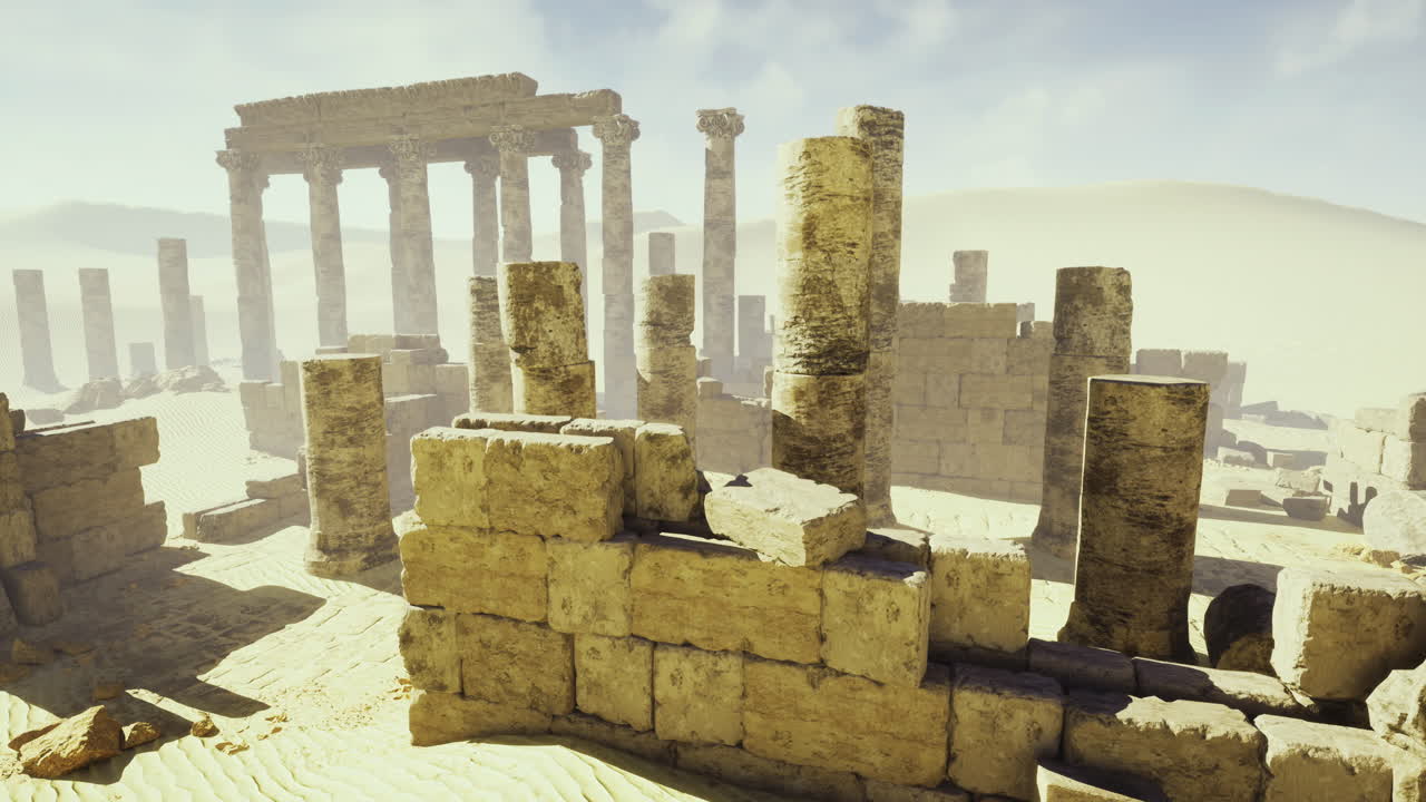 Ancient ruins surrounded by sands with columns and stone structures