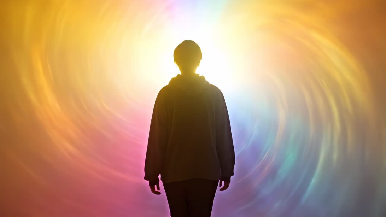 person standing with colorful light background