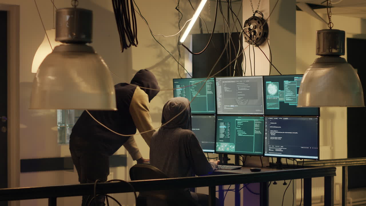 Hackers working in a dark office