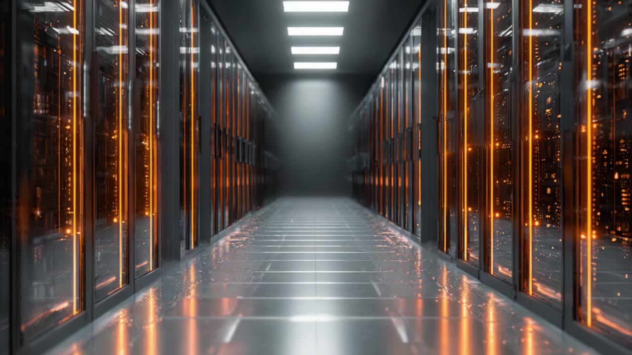 A Futuristic Data Center Corridor Featuring Rows of High-Performance Server Racks with Glowing Lights and a Sleek, Reflective Floor, Perfect for Hosting Advanced Computing Tasks