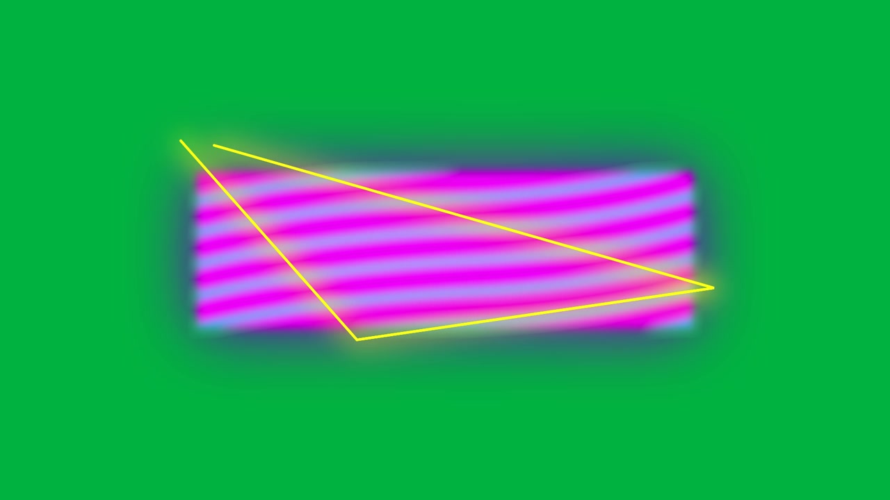 Linee triangolari gialle con una forma rettangolare astratta rosa brillante su sfondo nero.