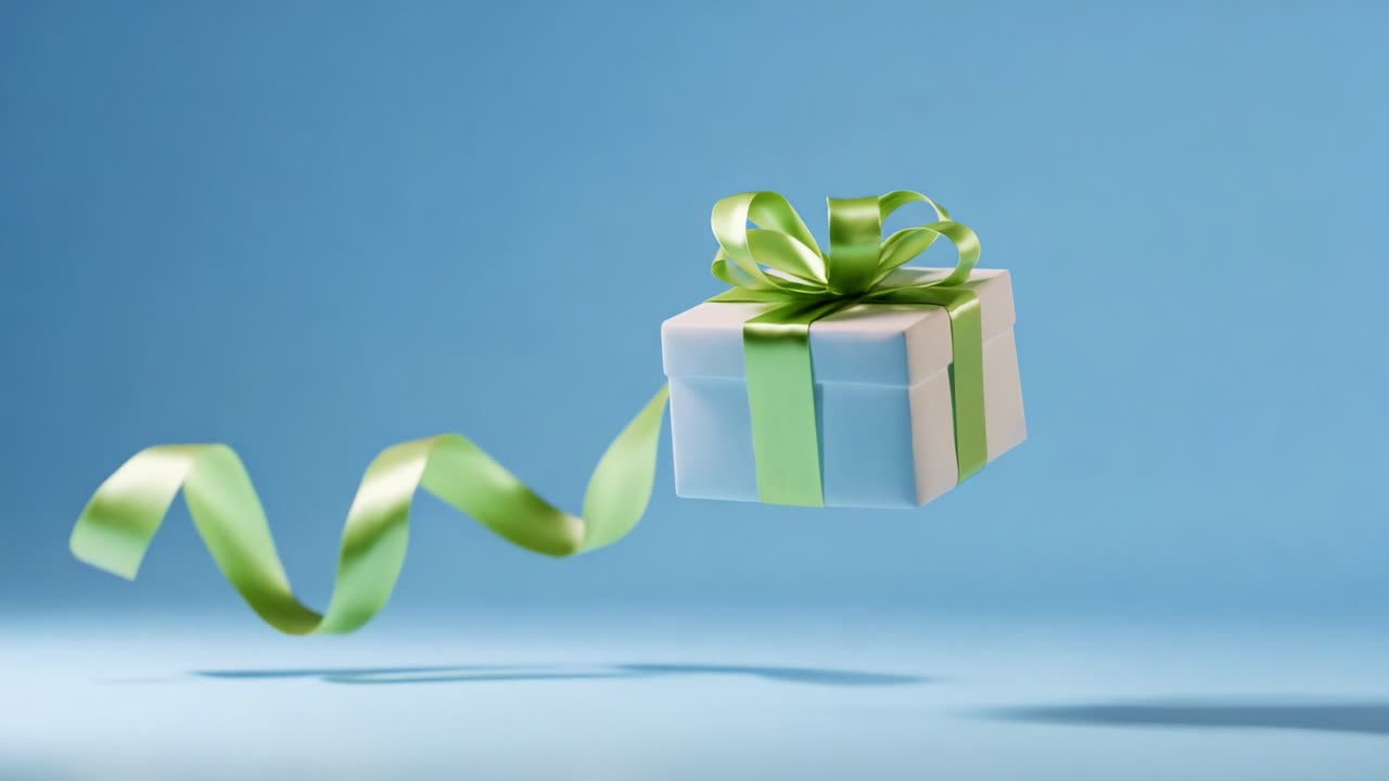 A beautifully wrapped gift box with a bright green ribbon floats against a serene blue background, capturing the essence of joy, celebration, and anticipation associated with giving and receiving presents