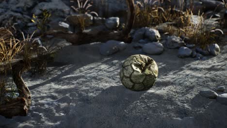 una vieja pelota de fútbol rota arrojada yace en la arena de la playa del mar