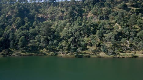 Rising-drone-shot-tree-forest,-lake-and-mountain-bike-trail-on-sunny-day-at-Derby,-Tasmania,-Australia