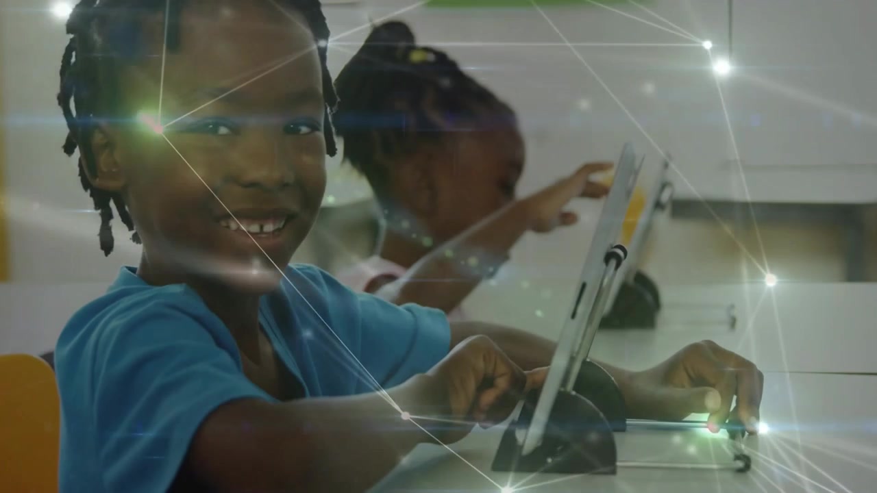 Front pupil tapping tablet and causing network nodes flaring, adjusting black stand for learning