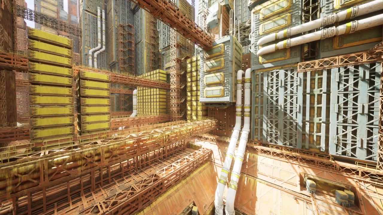 Inactive maintenance site illuminated by soft industrial amber glow