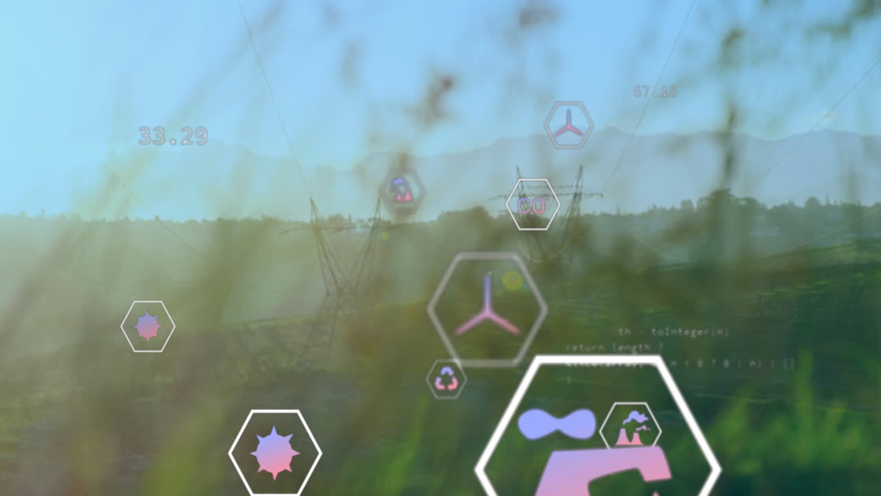 디지털 아이콘의 애니메이션과 현장의 전력 선을 통해 데이터 처리