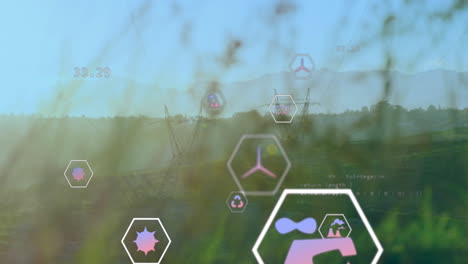 animación de iconos digitales y procesamiento de datos a través de líneas eléctricas en el campo
