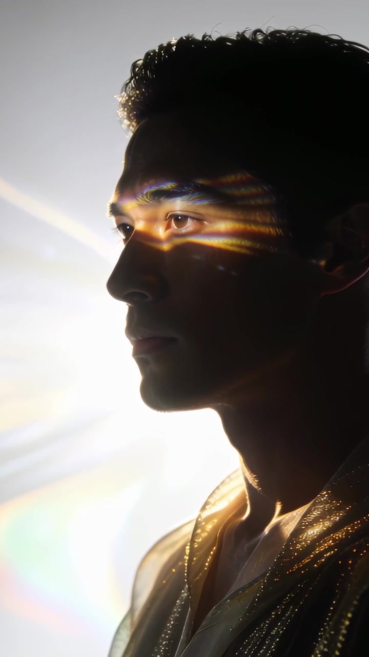 Video vertical: Arco de prisma sobre un hombre girando hacia la luz, con ojos iluminados por luces de estudio, camiseta dorada y espacio para texto.