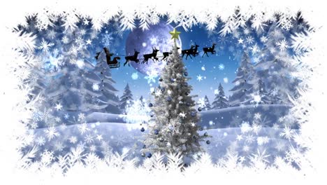 Borde-De-Copo-De-Nieve-Navideño-Con-árbol-De-Navidad-En-Un-Paisaje-Invernal-Con-Santa-Volando
