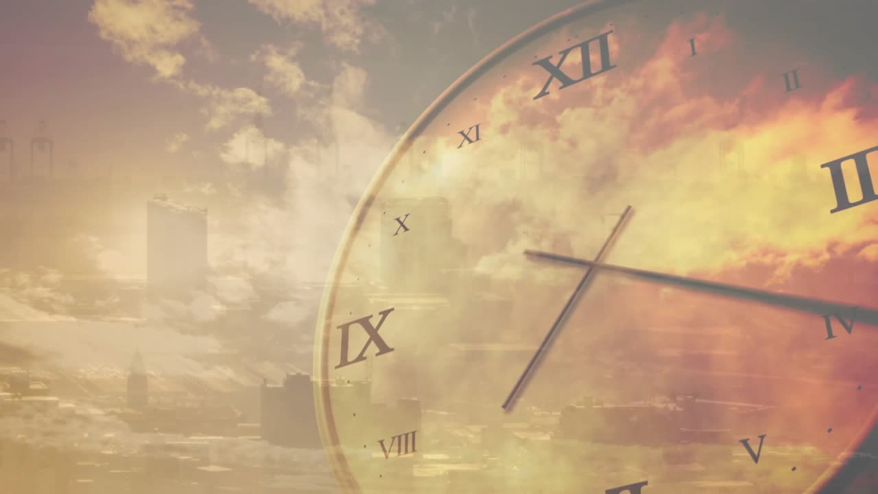 Upon roman clock face appearing rotating hands passing over skyline and clouds showing time lapse