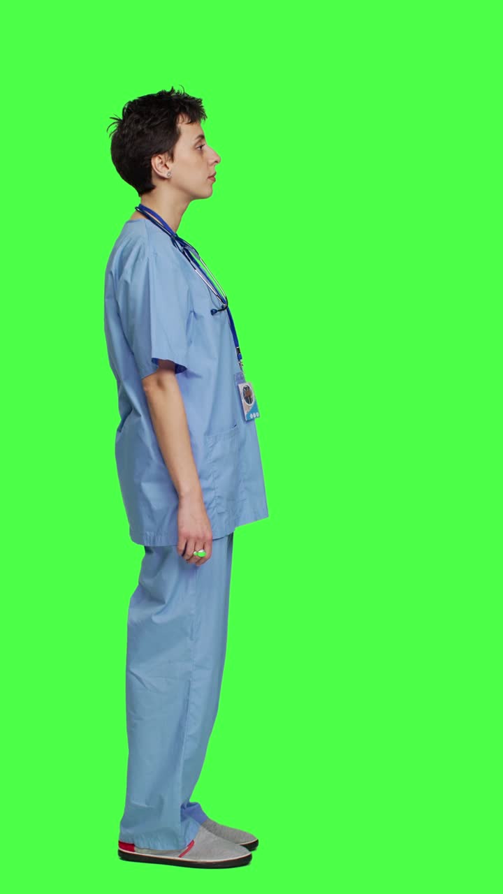 Profile Woman nurse waving hello and inviting people to come closer
