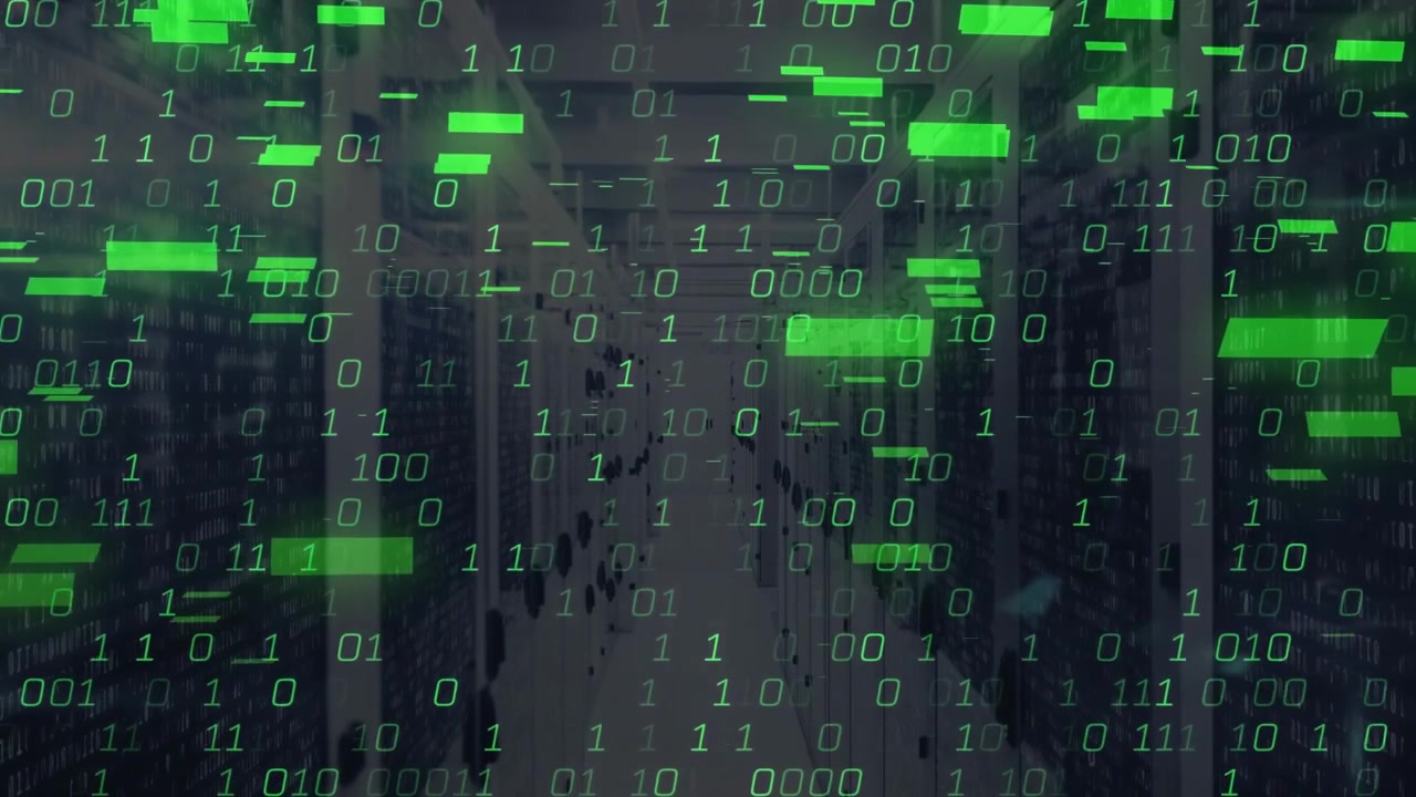 Binary digits drifting past aisle causing green data bars sliding, pulsing visualizing network flow