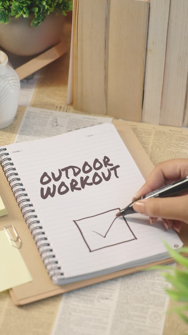 VERTICAL VIDEO OF TICKING OFF OUTDOOR WORKOUT FROM CHECKLIST