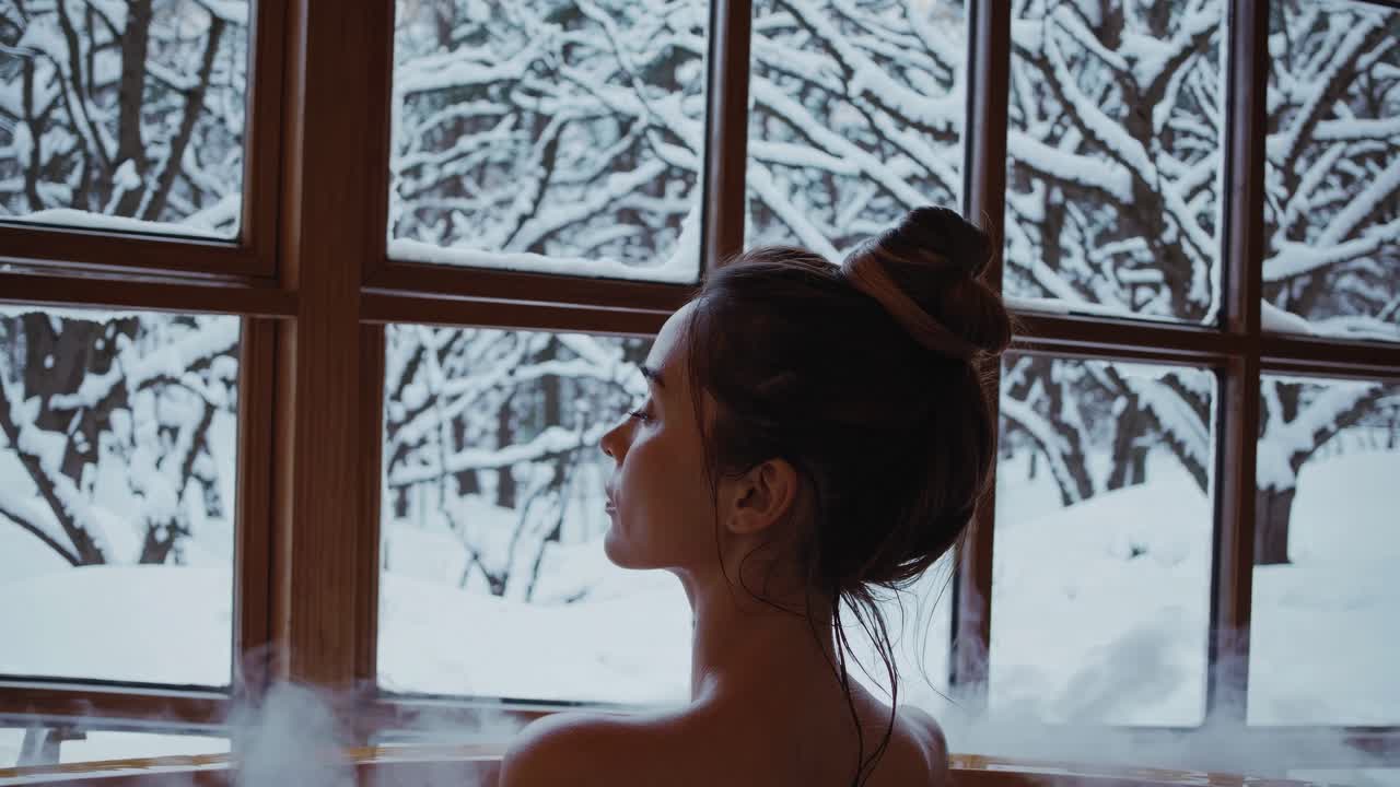 A serene video concept showing a woman in a hot tub, captured from a side angle, with snowy trees