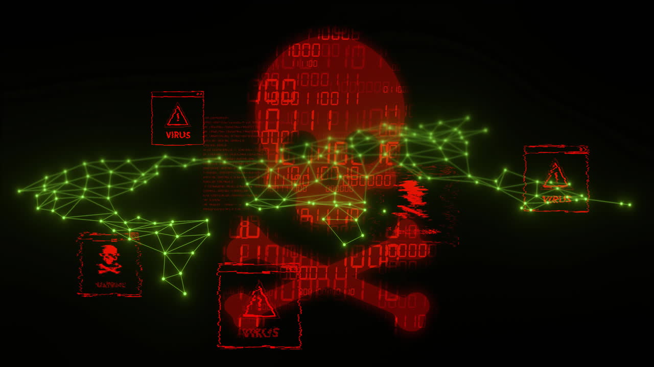 alertas de virus y advertencias de malware animación con cráneo y huesos cruzados sobre código binario