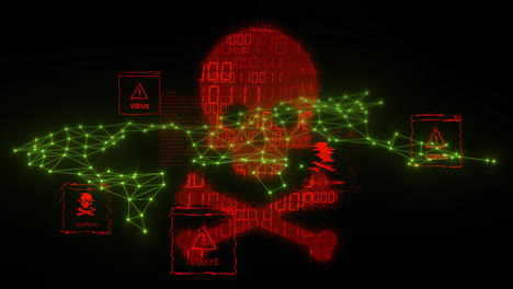 virus alerts and malware warnings animation with skull and crossbones over binary code