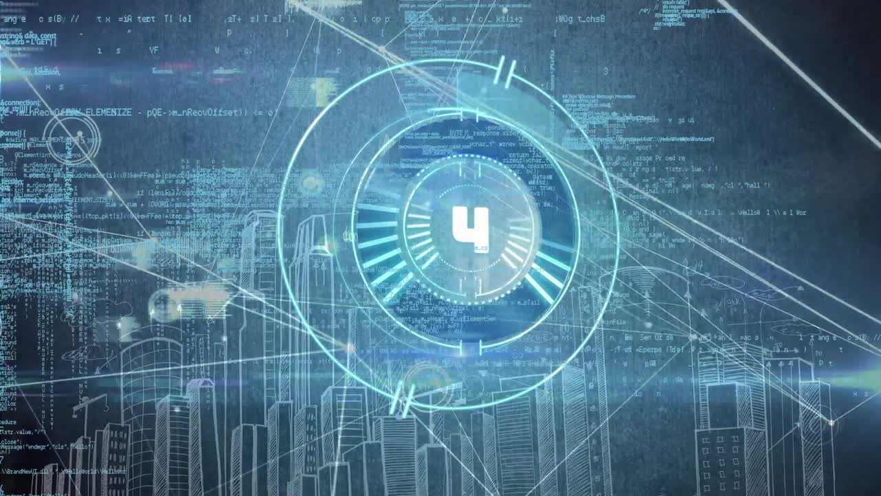 Animation of scope scanning over data processing with network of connections on black background