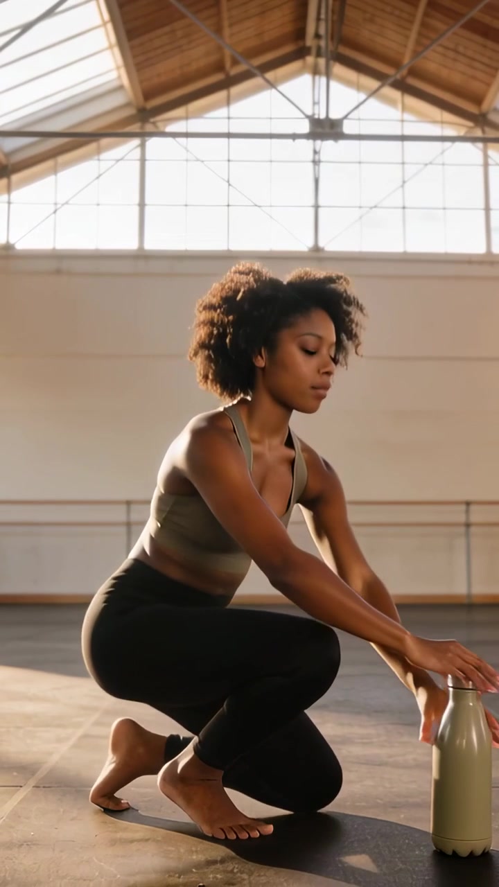 Vertical video: Seeing bottle, woman in olive bra, pants reaching, securing cap in studio for water