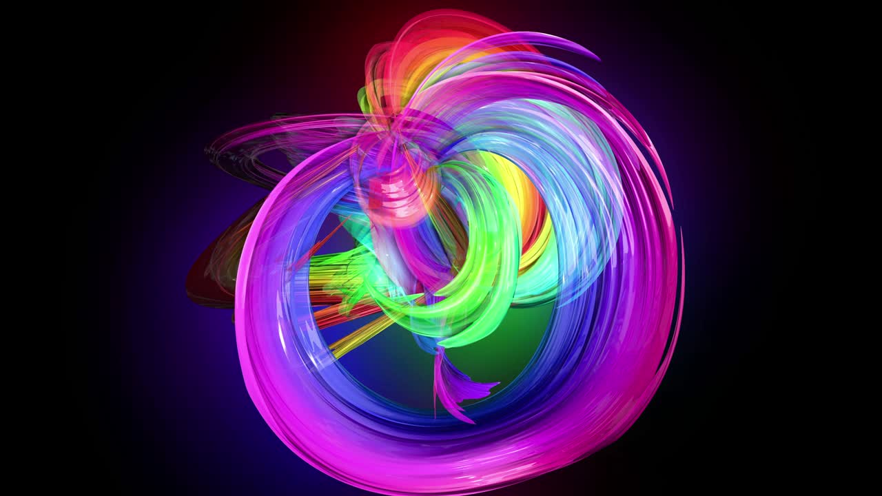 4k colorful looped animation of a rainbow colors tape with neon light moving in a circle as abstract background with lines and ribbons. Luma matte is included as alpha channel for compositing. 34