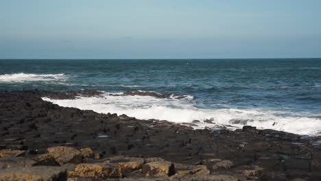 wide angle view looking out from giant's causeway to sea, slow motion