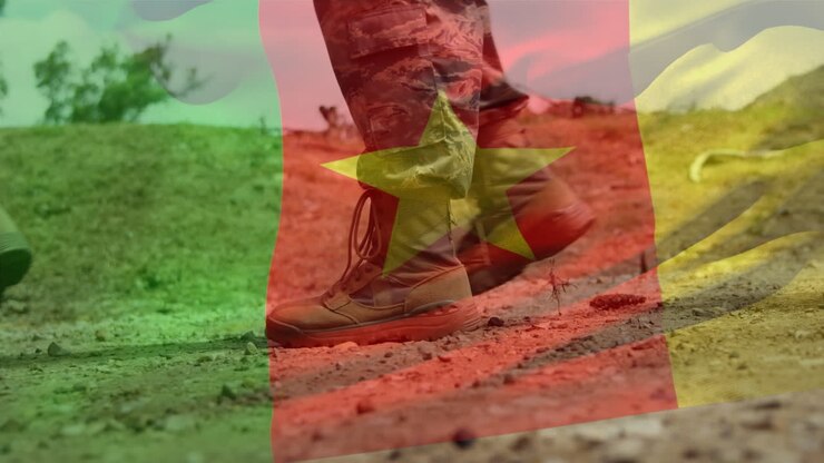 Animation of flag of cameroon over soldiers walking