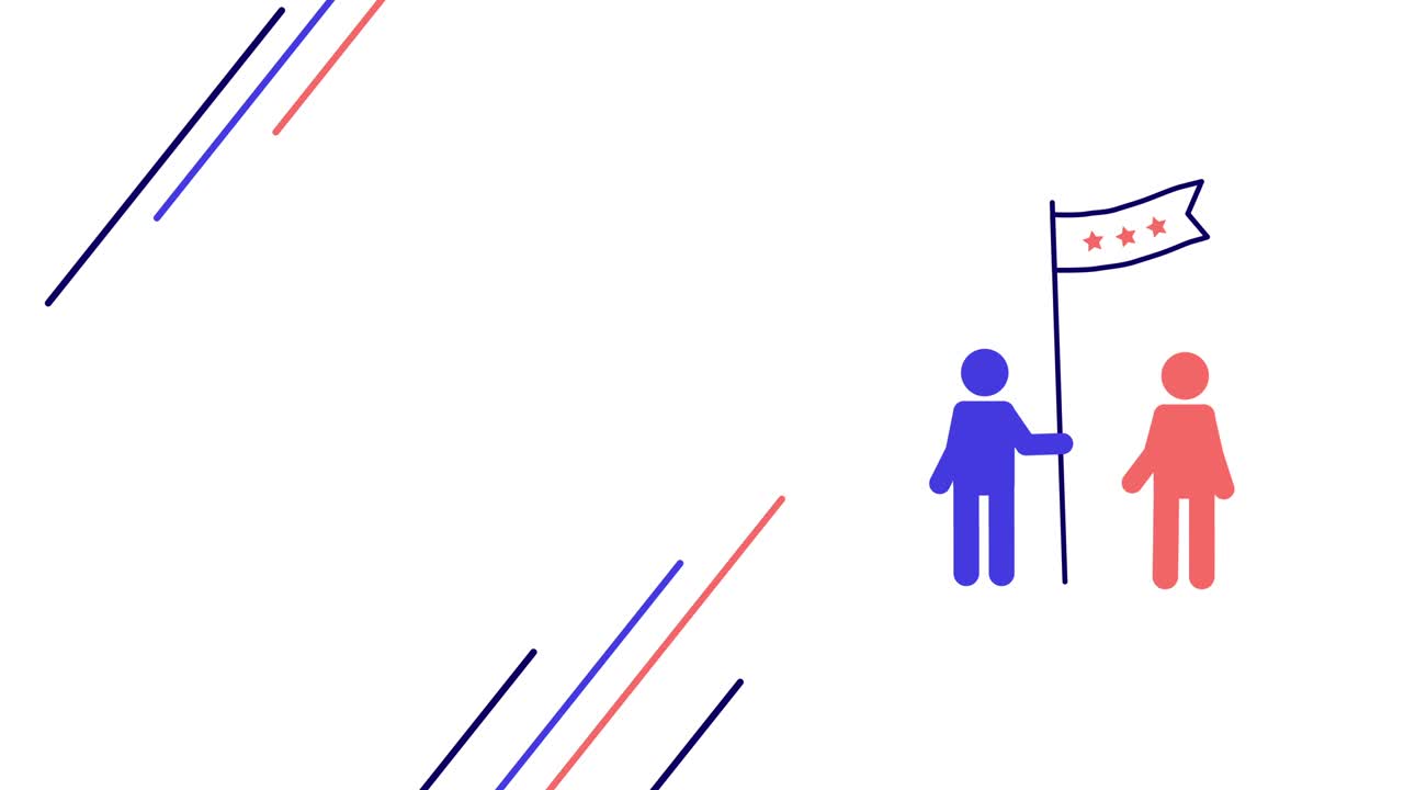 4k video of cartoon two people characters with flag.