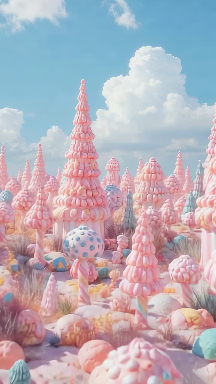 Vertical video: Panning camera across plain after shot revealing conical and spherical candy trees