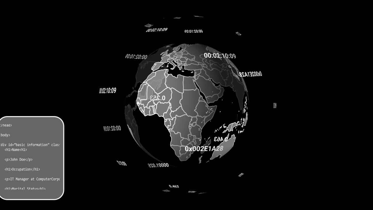 Animation of data processing and globe over black background