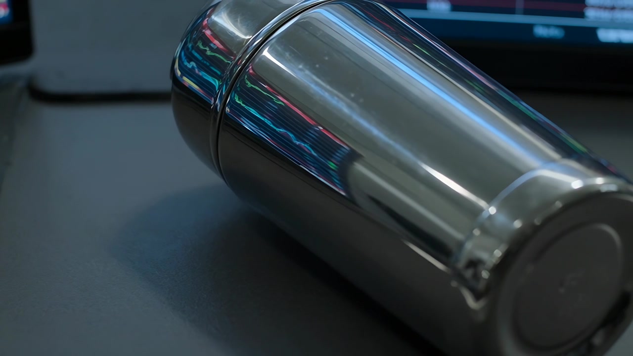 Cabin vibration moving tumbler rotating and sliding on tray, shifting reflections near display