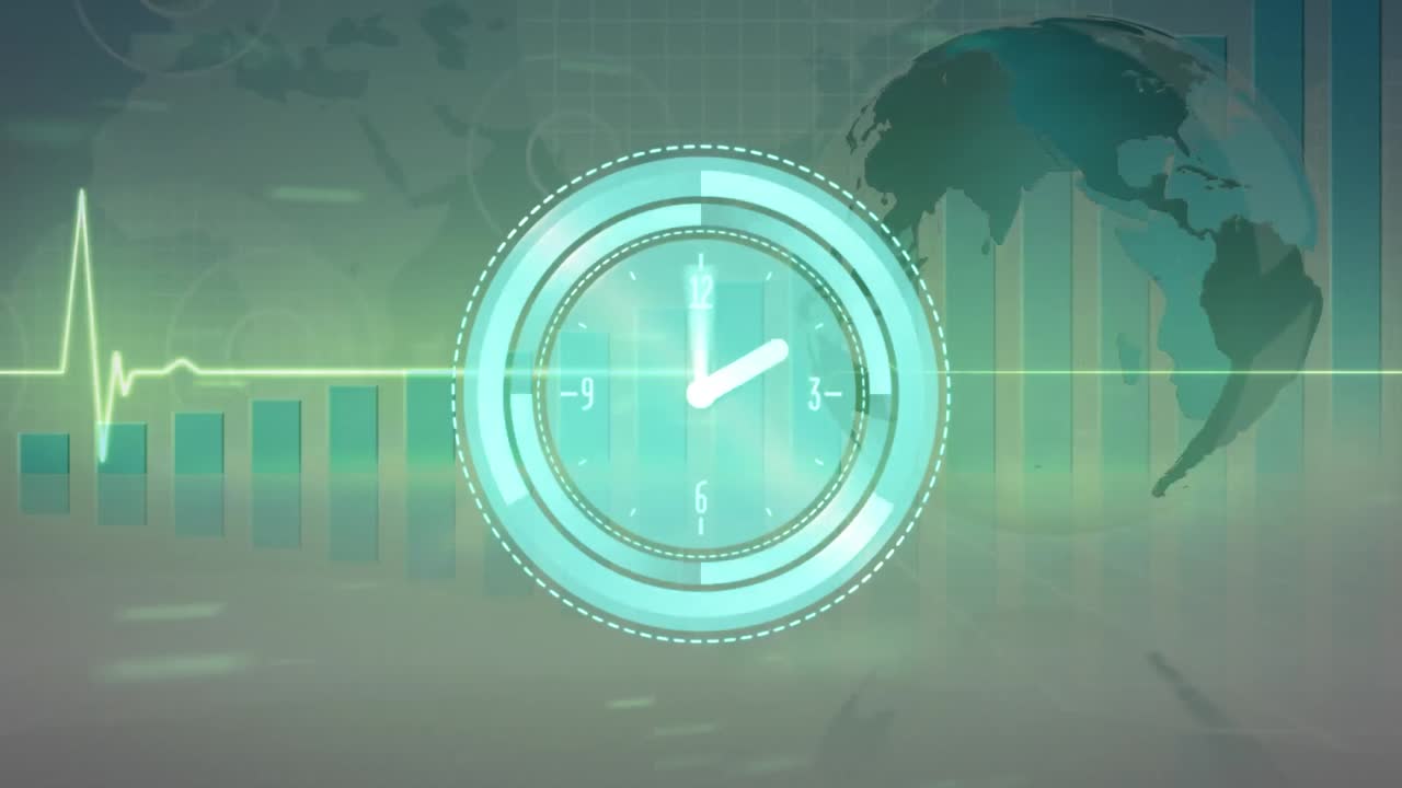 Animazione di orologio in rapido movimento, globo su elaborazione dati finanziari